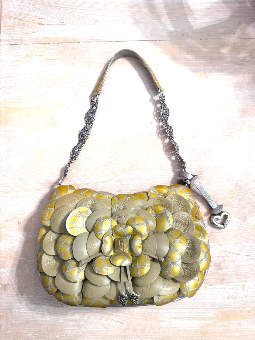 Vintage Y2K Brighton Rosalie Metallic Silver & Gold Leather Petal Shoulder Bag
